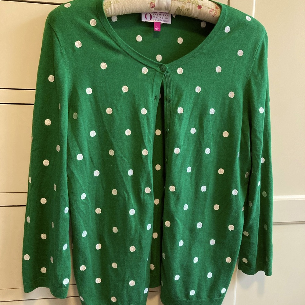 Talbots/Oprah collection knit cardigan, green/white polka dots,